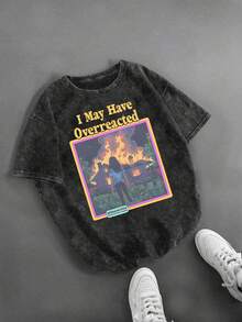 hombres y mujeresRopa de mujer 100% algodón, camiseta con la frase "I May Be Overreacting" con efecto vintage lavado - top casual suave con cuello redondo y efecto de lavado blanco desgastad - Negro - Ver 1