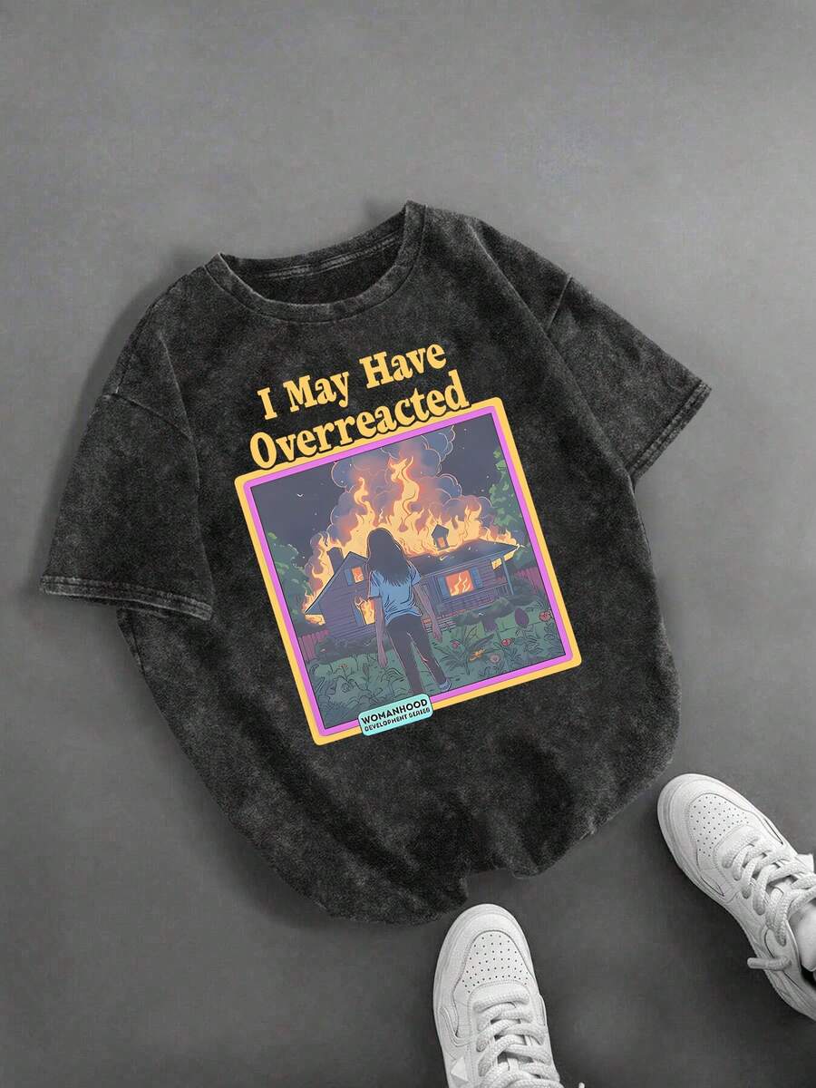 hombres y mujeresRopa de mujer 100% algodón, camiseta con la frase "I May Be Overreacting" con efecto vintage lavado - top casual suave con cuello redondo y efecto de lavado blanco desgastad - Negro - Ver 1
