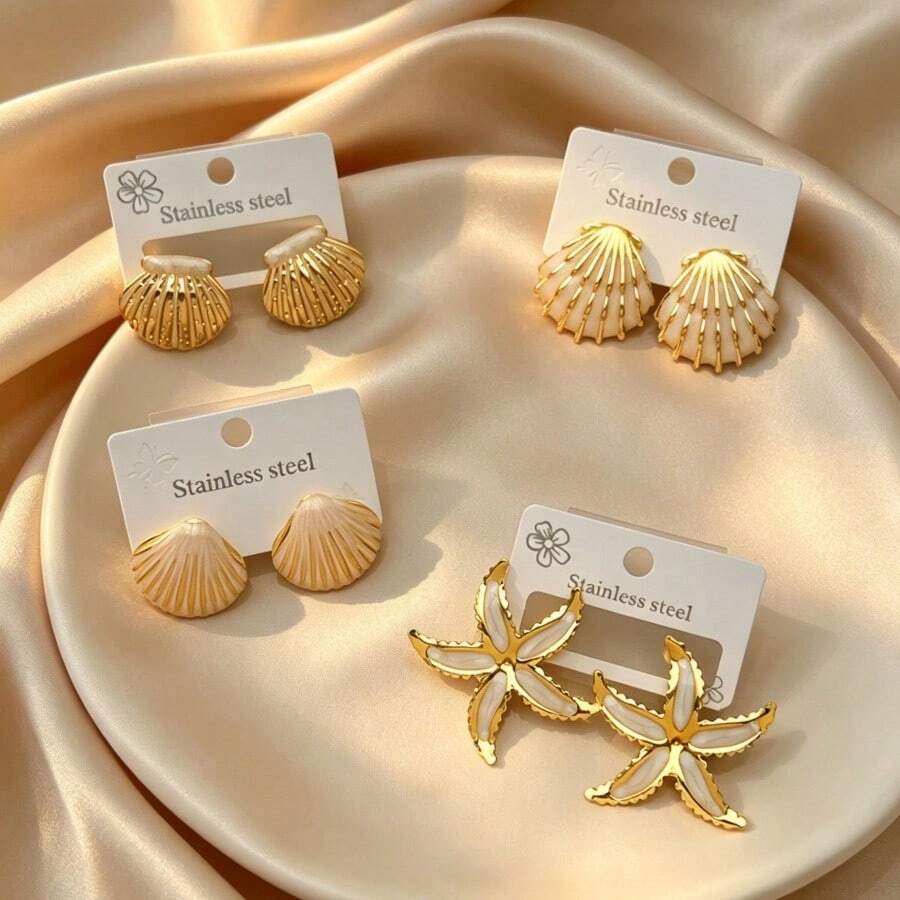 4 chiếc bông tai đinh vỏ ốc, bộ quà tặng cho anh trai, thép không gỉ 304 chống nước không phai màu, mạ PVD 18k và khảm PU, món quà tuyệt vời cho mùa hè nóng nực. - Nhiều màu - Xem 1