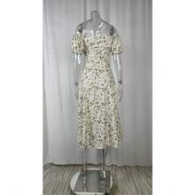Women's Elegant New Spring Floral Print Maxi Dress With High Slit And Ruffled Edges - 杏色 - 查看 6