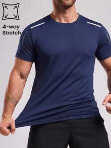 Men's Sports Running Short Sleeve Simple Elastic Breathable T-Shirt, Suitable For Summer Gym - Navy Blue - View 1