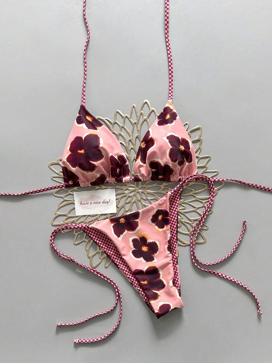 2 piezas Bikini con estampado retro de flores, bloques de color y cuadros, adecuado para la playa, la piscina, los cruceros y las fiestas en las vacaciones de primavera y verano - Sandía rosa y morado - Ver 1