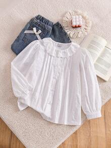 Girls' Classic White Long Sleeve Shirt With Turn-Down Collar, Preppy Style, Autumn - White - View 1