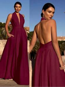 Mono mujer estilo halter cuello V liso sin mangas pantalón ancho moda europea elegante casual ideal fiesta  popular nueva colección - Burdeos - Ver 1