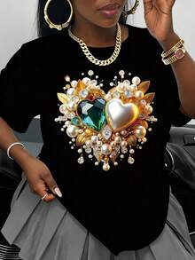 Women's White T-Shirt With Heart, Crystal, And Pearl Design, Fashion Graphic Tee, Valentine's Day Gift, Jewelry-Inspired Top, Casual Wear - 黑色 - 查看 1