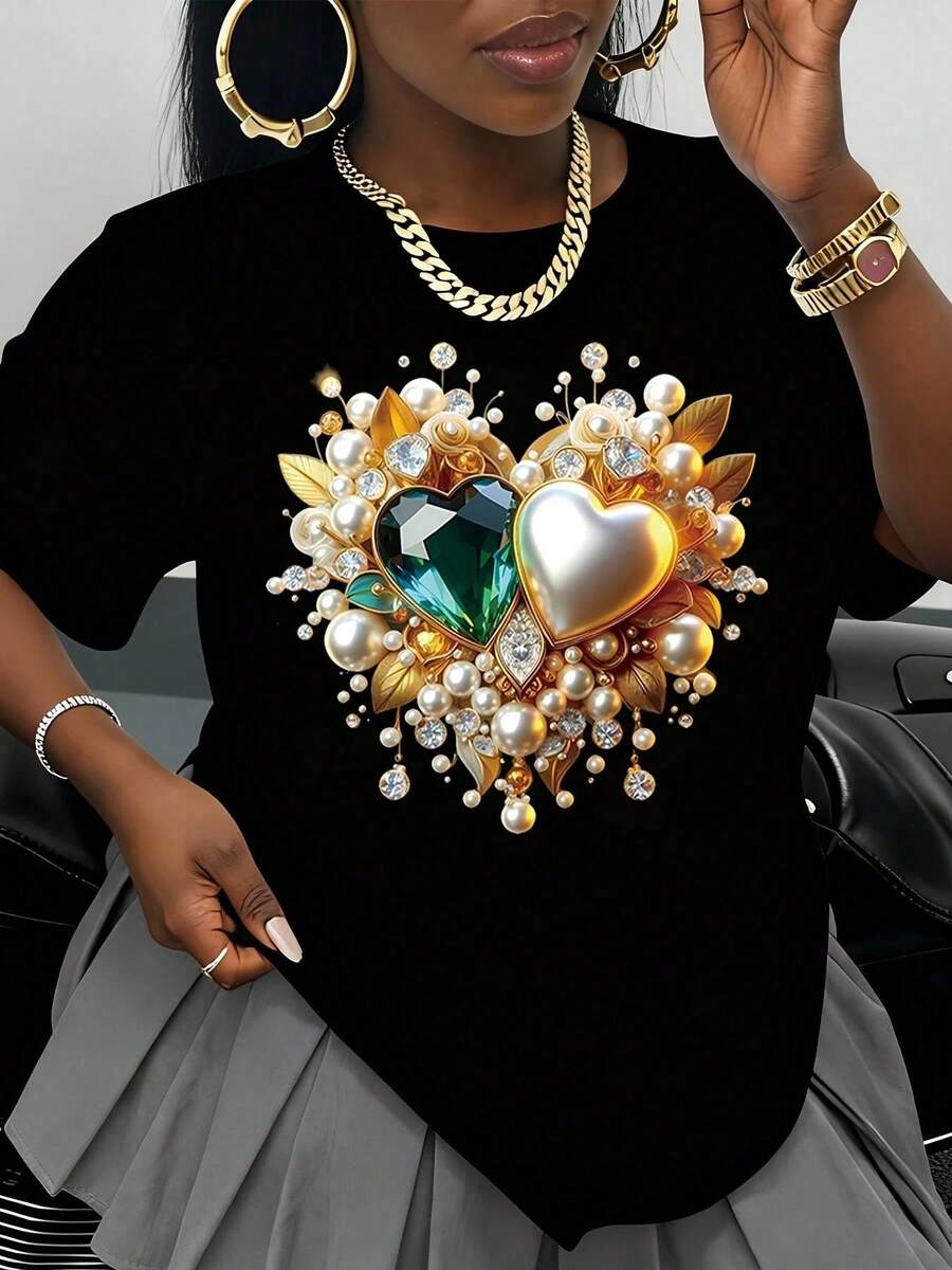 Women's White T-Shirt With Heart, Crystal, And Pearl Design, Fashion Graphic Tee, Valentine's Day Gift, Jewelry-Inspired Top, Casual Wear - 黑色 - 查看 1