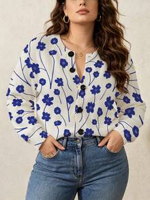 ASHKATIA Plant And Flower Prints Women's Plus-Size Vintage Cardigan Sweater, Fall Winter Knit For Social Occasions - Multicolor - View 7