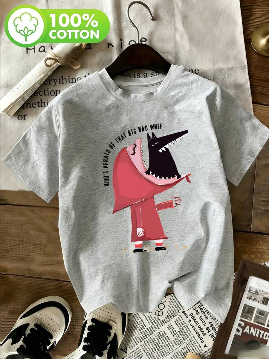 Women's Funny Graphic T-Shirt Of Little Red Riding Hood And The Big Bad Wolf | Retro Print With The Phrase "Who's Scared Of That Big Bad Wolf?" | Casual Loose-Fitting Short-Sleeve T-Shirt, Comfortable For - 白色 - 查看 1