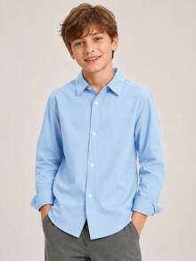 青少年男孩經典學院風休閒派對花童口袋拼接淺藍色正式長袖襯衫 - 淺藍色 - 查看 3