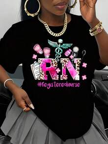 Camiseta de Enfermera Registrada (RN) con Símbolos Médicos y Diseño de Estampado de Leopardo Rosa para Enfermeras, Profesionales de la Salud y Estudiantes de Enfermería. Regalo Perfecto para - Negro - Ver 1