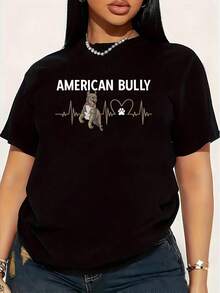 Women's Plus Size American Bully Dog Heartbeat XL T-Shirt, 1 Piece, Funny, Oversized Graphic Print, Short Sleeve, Novelty, 100% Cotton, Casual, Crew Neck, 220g. - 黑色 - 查看 1