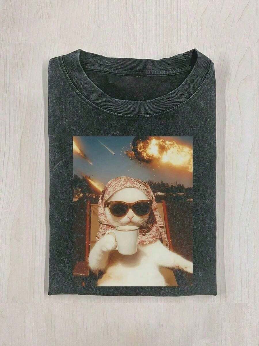 Men's And Women's 100% Cotton 1 Piece Of Funny Graphic T-Shirt With Cat Design, Men's Cotton T-Shirt, 230g, Washed Short Sleeve T-Shirt, Suitable For Halloween Gifts - 黑3 - 查看 1