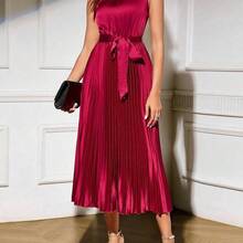 Clasi Vestido midi elegante de mujer de cuello redondo, sin mangas, plisado en el bajo, de unicolor - Verde - Ver 7