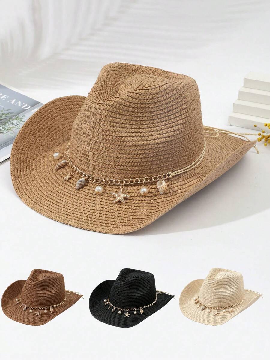 1pc Unisex Fashionable Straw Hat, Suitable For Outdoor Beach Sun Protection, Spring/Summer British Cowboy Hat, Wide Brim Design, Decorated With Starfish, Foldable Pancho Hat, Suitable For Daily Use Outdoor Gift. - Gold Chain Beach Straw Hat - View 1