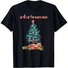 Camiseta de acuarela de árbol de dad negra con lazo rosa estrella dorada diseño festivo manga Casual Harajuku manga corta Casual - Multicolor - Ver 1
