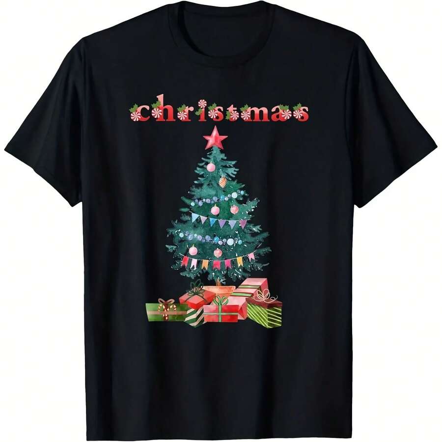 Camiseta de acuarela de árbol de dad negra con lazo rosa estrella dorada diseño festivo manga Casual Harajuku manga corta Casual - Multicolor - Ver 1
