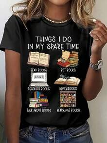 Camiseta Estampada para Mujer - Diseño "Mi Tiempo Libre" para Amantes de los Libros, Top Casual de Manga Corta y Cuello Redondo para Primavera Verano, Lavar a Mano, Temática Literaria, Tela - negro - Ver 1