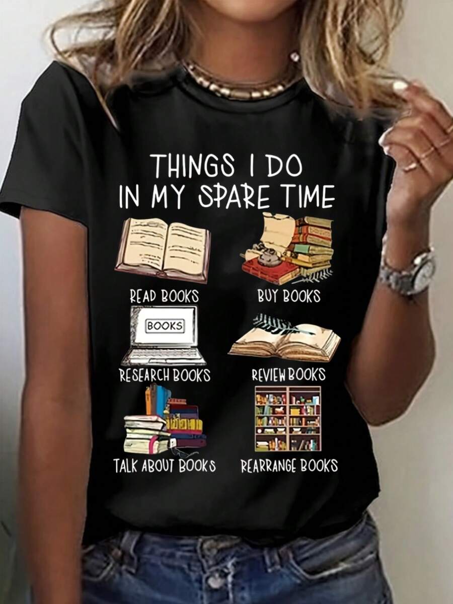 Camiseta Estampada para Mujer - Diseño "Mi Tiempo Libre" para Amantes de los Libros, Top Casual de Manga Corta y Cuello Redondo para Primavera Verano, Lavar a Mano, Temática Literaria, Tela - negro - Ver 1