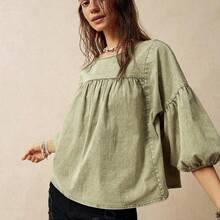 Blusa holgada de manga abullonada para vacaciones, verde - Negro01 - Ver 7