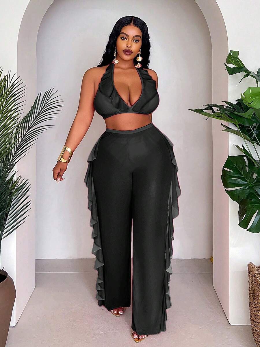 Conjunto de traje de baño de 3 piezas para tallas grandes - Negro - Ver 1