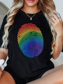 1 Piece 2026 NEW Women's Plus Size Rainbow Fingerprint Print T-Shirt, 220g Short Sleeve Graphic Tee, Novelty, 100% Polyester, Casual Crew Neck T-Shirt - 黑色 - 查看 1