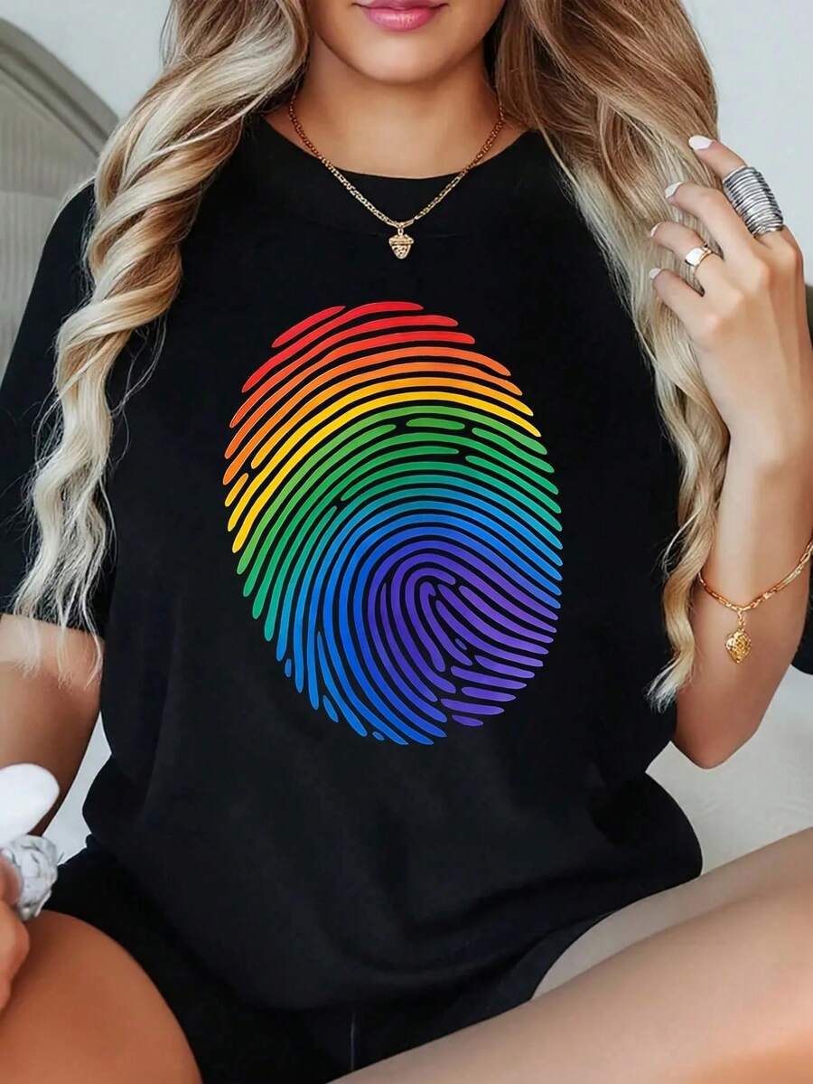1 Piece 2026 NEW Women's Plus Size Rainbow Fingerprint Print T-Shirt, 220g Short Sleeve Graphic Tee, Novelty, 100% Polyester, Casual Crew Neck T-Shirt - 黑色 - 查看 1