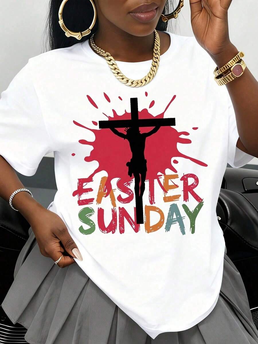 Camiseta Negra con Diseño de Cruz para el Domingo de Pascua, Camiseta Gráfica Religiosa Cristiana para Mujer, Ropa para Celebración de Pascua, Atuendo para Iglesia, Top de Moda de Primavera - Blanco - Ver 1
