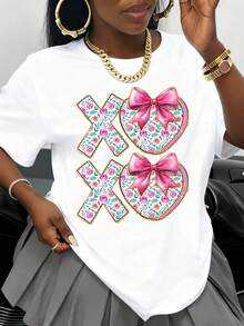 Women's White T-Shirt With Floral Heart Print And XOXO Bow, Valentine's Day Gift, Romantic And Cute Top, Fashionable Casual Wear For Valentine's Season - 白色 - 查看 1