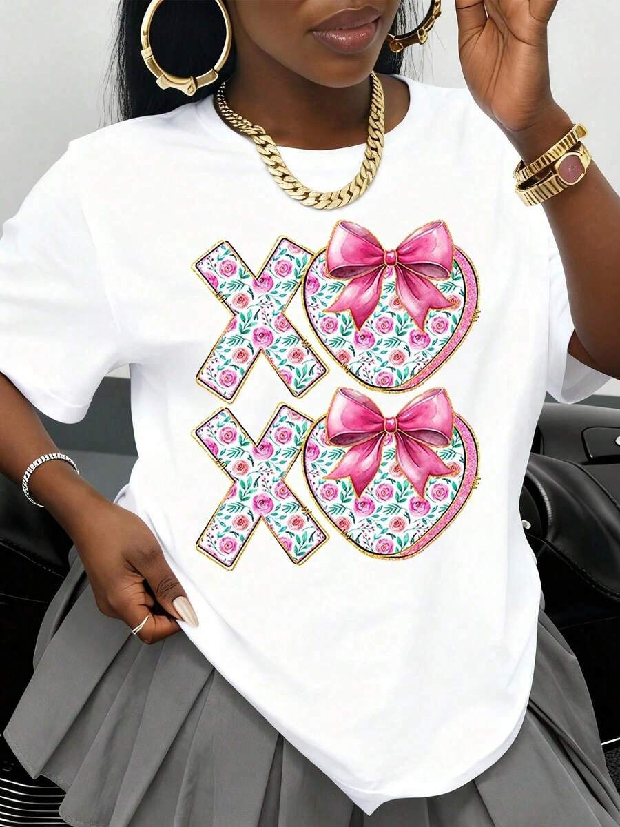 Women's White T-Shirt With Floral Heart Print And XOXO Bow, Valentine's Day Gift, Romantic And Cute Top, Fashionable Casual Wear For Valentine's Season - 白色 - 查看 1