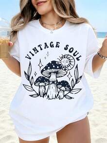 Women's Vintage Soul T-Shirt With Mushroom, Sun And Moon Print, Oversized White T-Shirt, Casual Summer Beach Top, Boho Style, Cute Retro Print, Loose Fit, T-Shirt - 白色 - 查看 1