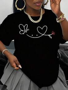 White T-Shirt With Butterfly, Heart And Smile Design, Cute Graphic T-Shirt For Women, Casual Summer Outfit, Valentine's Day Gift, Trendy1 Urban Fashion Top - 黑色 - 查看 1
