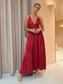 New European-American Spring-Summer 2026 Midi-Party Dress, Pleated, V-Neck, Straps, Wide Skirt - 紅色 - 查看 3