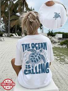 Women's Casual Loose Summer Top, Vintage Style, 'THE OCEAN IS CALLING' Print, Round Neck, Short Sleeve, Drop Shoulder, Pure Cotton Oversize - 白色 - 查看 1