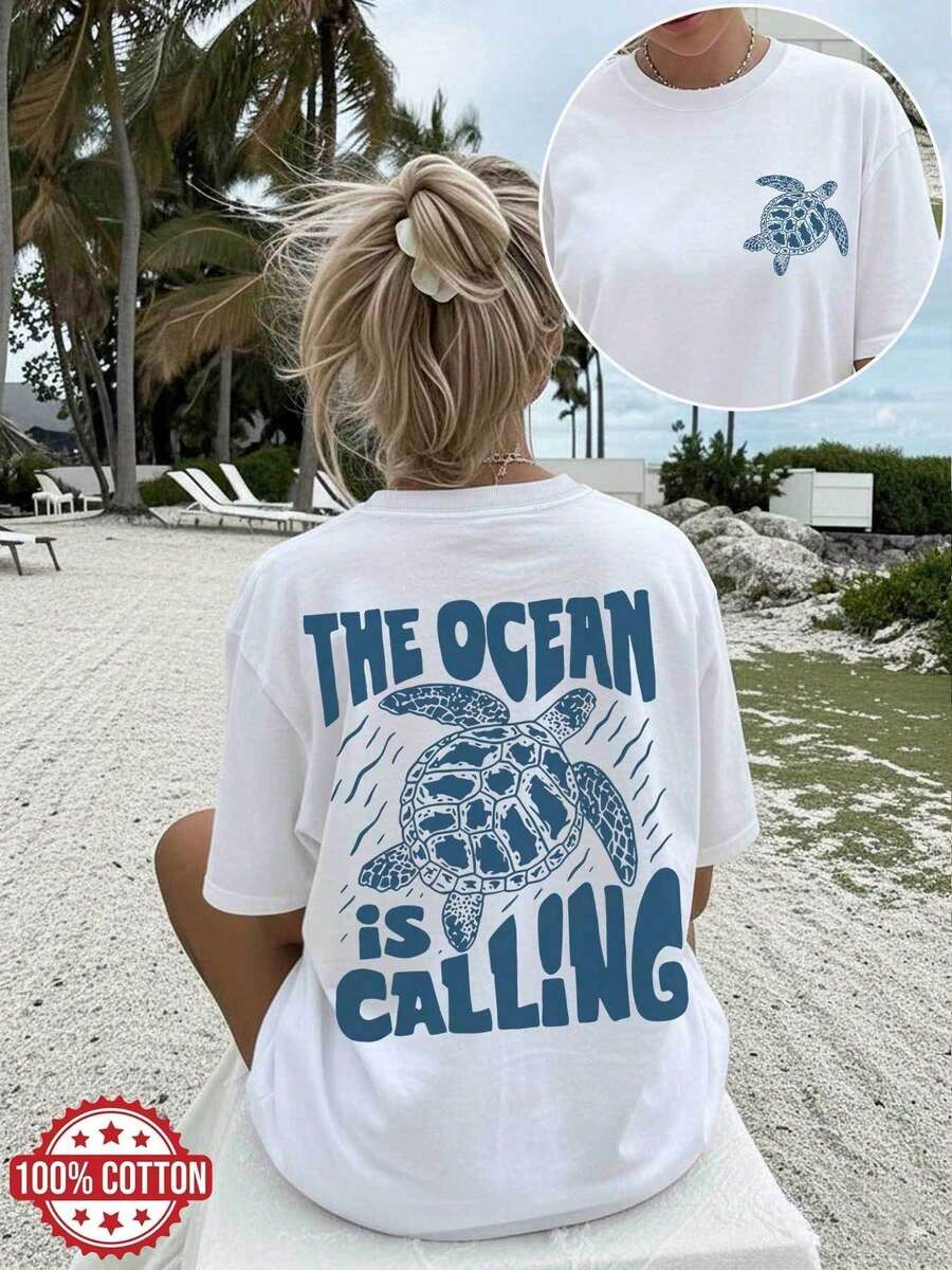 Women's Casual Loose Summer Top, Vintage Style, 'THE OCEAN IS CALLING' Print, Round Neck, Short Sleeve, Drop Shoulder, Pure Cotton Oversize - 白色 - 查看 1