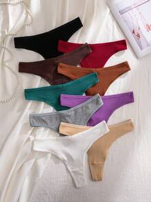 9pcs Women's Solid Color Ribbed Sexy Thong Comfortable Ribbed Panties - Multicolor - View 4