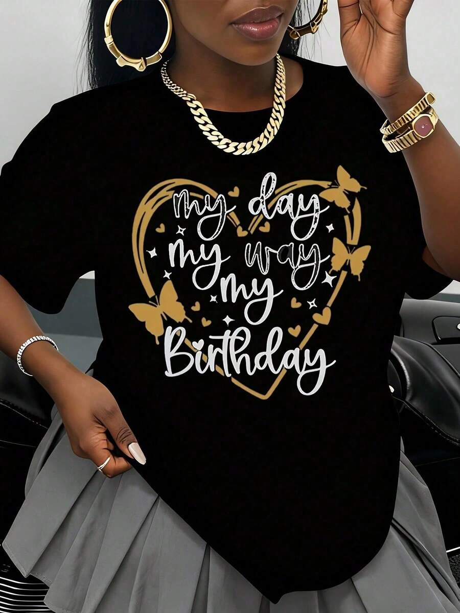 Camiseta 'Mi Día, Mi Cumpleaños' para Mujer, Regalo de Cumpleaños, Camiseta Bonita para Celebración de Cumpleaños, Ropa de Fiesta, Top de Cumpleaños, Camiseta Blanca - Negro - Ver 1