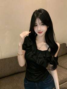 Asymmetrical Shoulder Ruffle Short Sleeve Slimming T-Shirt Casual Black - Black - View 3