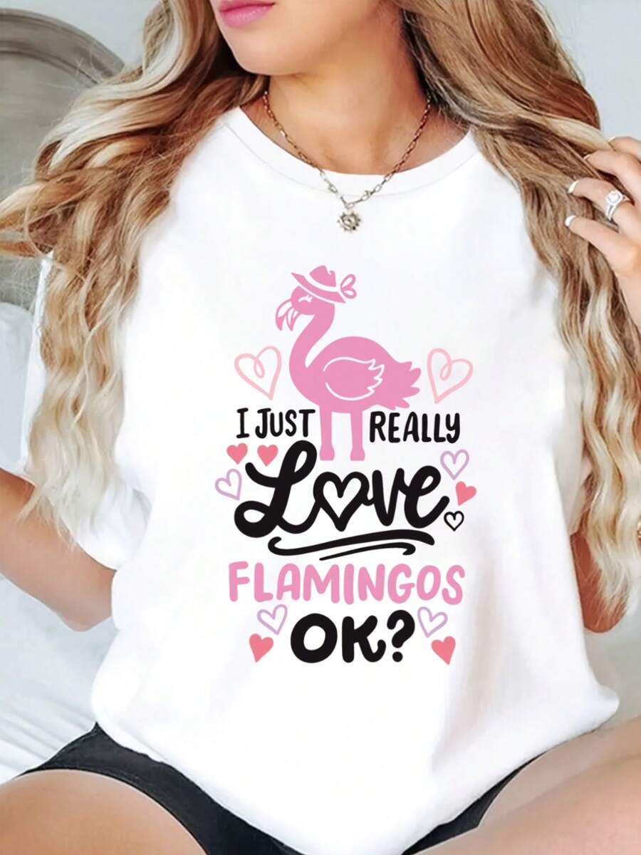 Camiseta con Estampado de Flamencos para Mujer - "Realmente Amo los Flamencos" - Camiseta Casual de Manga Corta con Corazones, Mezcla de 95% Poliéster y 5% Elastano, Ligera 180gsm, Lavable a - negro - Ver 1