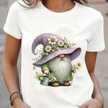 Women's Casual Short Sleeve Crew Neck T-Shirt With Spring Gnome Print, Machine Washable - hitam - View 2