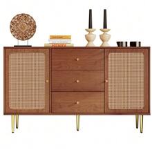 6-Drawer Chest Of Drawers, Rattan Sideboard/Chest Of Drawers For Bedrooms And Living Rooms, Walnut - H90/W120/D40 Cm - 核桃 - 查看 1