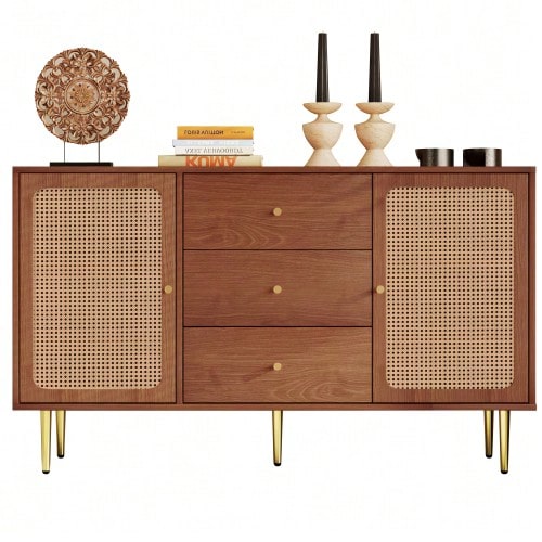 6-Drawer Chest Of Drawers, Rattan Sideboard/Chest Of Drawers For Bedrooms And Living Rooms, Walnut - H90/W120/D40 Cm - 核桃 - 查看 1