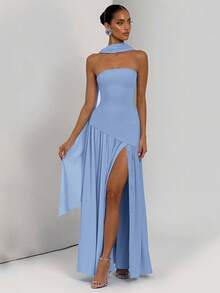 Vestido Mujer Elegante Moda Fiesta Bandejo Ajustado Liso Abertura Espalda Descubierta Cinta Flotante Estilo Europeo Nuevo - Azul - Ver 4