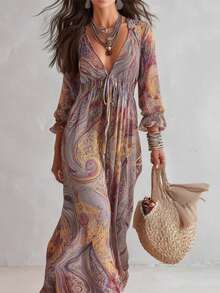 ¡RENUEVA TU ARMARIO YA!Vestido de Primavera Verano para Mujer, Estampado Paisley, con Volantes, Corte Holgado, Estilo Casual y Boho, Más Vendido, Perfecto para Vacaciones, Looks de Día - Negro - Ver 3