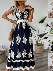 Vestido largo estampado verano escote V cintura ajustada moda mujer - Azul Marino - Ver 2