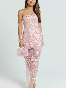 Women's Strapless Dress With Three-Dimensional Flowers, French Style, Luxurious, Lightweight, Elegant, Ideal For Parties, Ladies, Summer, Casual Fashion, New Collection - 粉色 - 查看 2