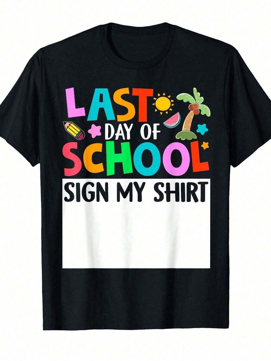 Camiseta distintiva para el último día del semestre, estilo divertido para estudiantes, camiseta de manga corta con cuello redondo, diseño estampado a la moda, casual y cómoda, adecuada para - Negro - Ver 1