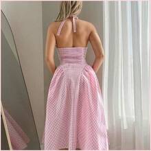 Vestido casual de mujer con espalda anudada a cuadros - Rosa - Ver 3
