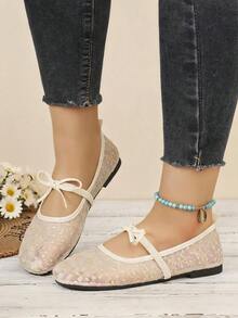 Cost-Effective Light Apricot Mesh Embroidered Mary Jane Flats, Soft Sole Bow Shoes, Women's Commute & Casual Shoes - Beige - View 1