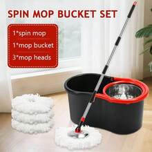 Spin Mop And Bucket Set, Mop Bucket For Office, Home, 360° Spin Mop Bucket System With 3 Microfiber Mop Replacement Heads And Stainless Steel Adjustable Handle For Floor Cleaning, Bucket Floor Cleaning System - 黑色升級 - 查看 3