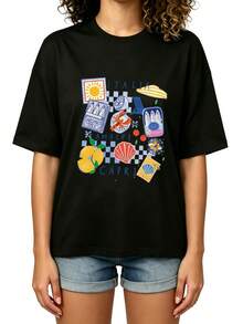 Original Women's Oversized T-Shirt With A Summery Italian Print. Cool And Comfortable Cotton, Featuring Vespa, Pizza, And Lemon Designs. Perfect For Holidays And Gifts. - 黑色 - 查看 2